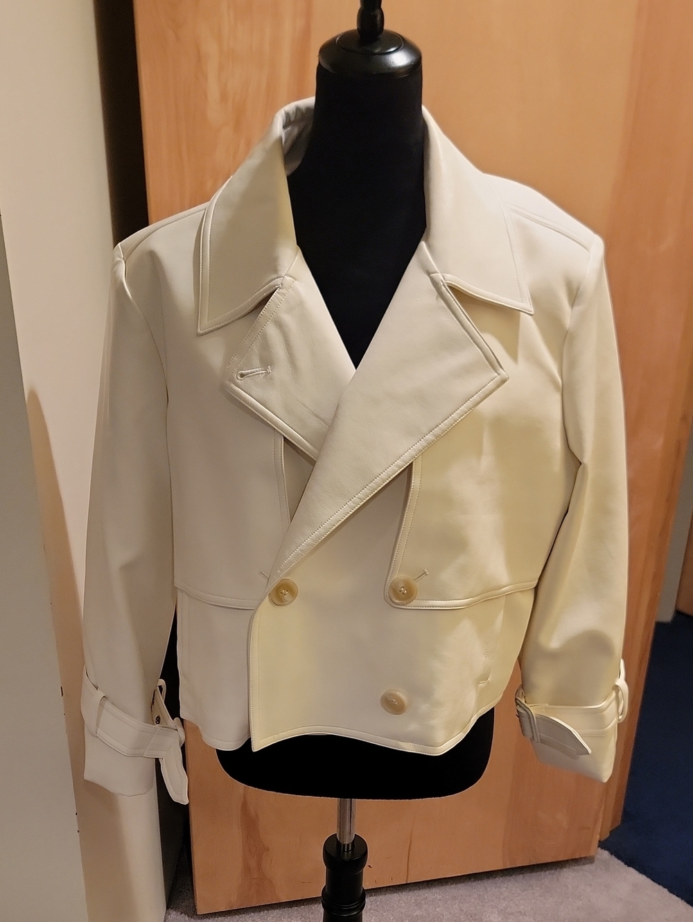 Rachel Parcell Cream Double-Breasted Pea Coat Faux Leather XL